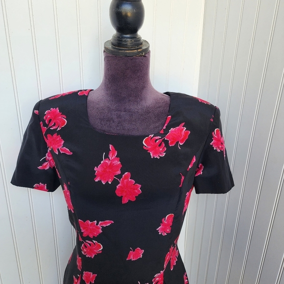 VTG Patrick Collection Ceuise Dress Womens Black Pink Floral 100% Pure Silk Sz 4 - Picture 2 of 15